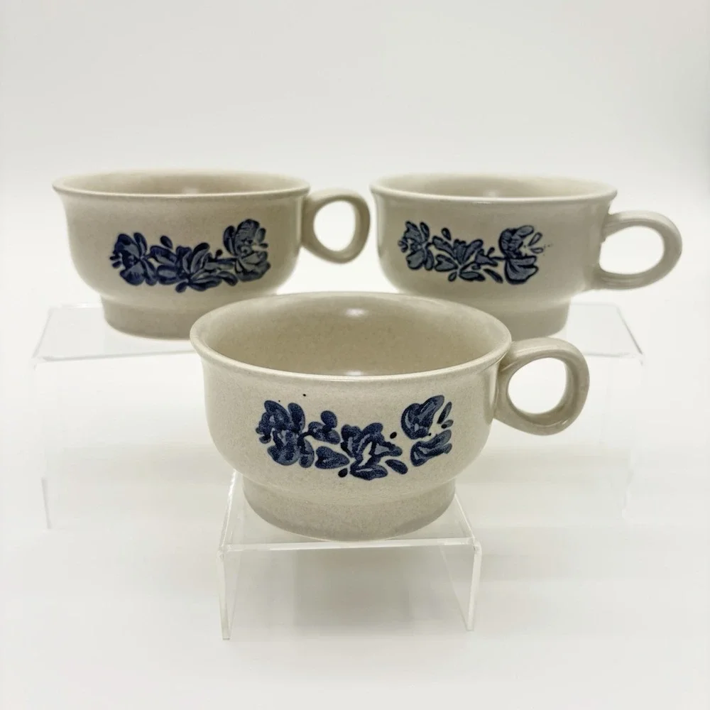 Pfaltzgraff Yorktowne Blue Floral Flat Coffee Cup/ Soup Bowl Vintage Set of 3